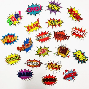 Set of 50 pop art rock stickers with comic boom and wow action words for luggage and laptops