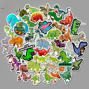 Detail showing various waterproof cartoon dinosaur stickers with vibrant colors and diverse patterns