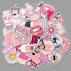 Set of 50 cute pink vinyl stickers featuring cartoon animals and artistic designs