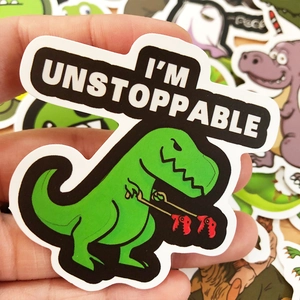50pcs cartoon dinosaur stickers for luggage featuring green T-Rex and unstoppable text