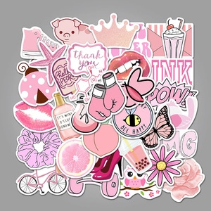 Set of 50 pink waterproof PVC stickers featuring cute animals, plants and icons for laptops