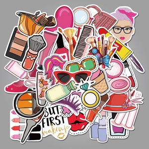 Détail des autocollants de maquillage avec des illustrations de rouge à lèvres et de pinceaux