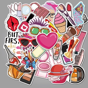 Lot de 50 stickers de maquillage rose pour ordinateur et valise avec motifs cosmétiques