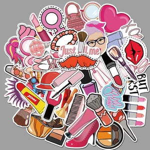 Lot de 50 autocollants mode rose pour filles avec maquillage et motifs de dessin animé