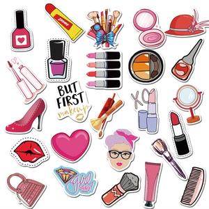 Lot de 50 autocollants de mode rose avec pinceaux de maquillage et rouge à lèvres