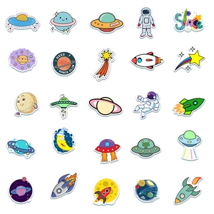 Flat design space stickers featuring astronauts, UFOs and colorful cartoon planets
