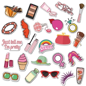 Lot de 50 stickers roses mode pour fille pour bagages et ordinateurs avec motifs de cosmétiques
