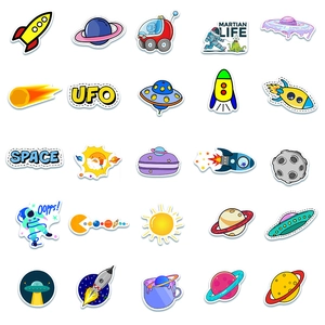 Detailed assortment of waterproof space stickers featuring rockets, planets, and astronauts
