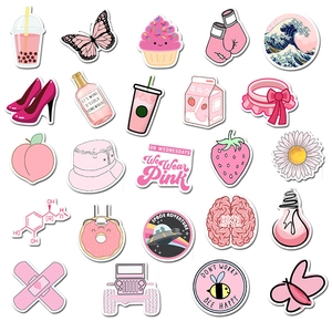 Detailed view of pink theme waterproof stickers featuring cartoons and diverse food patterns
