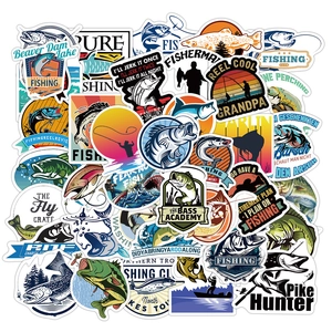 Pack of 50 vintage fishing graffiti stickers for suitcases, skateboards and water bottles