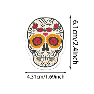 Detail view of colorful Sugar Skull sticker with red roses and size dimensions