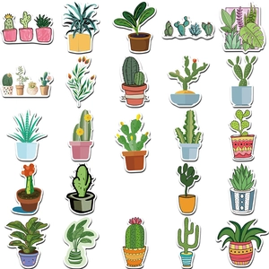 Flat lay of 24 unique waterproof cartoon cactus and succulent plant stickers for luggage