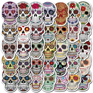 Set of 50 holographic sugar skull stickers with vibrant floral day of the dead designs