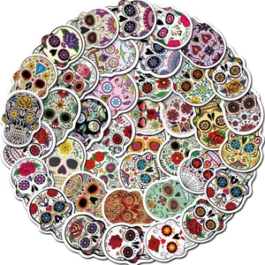 50 pieces of colorful sugar skull stickers for suitcases and cars with Mexican Day of the Dead art