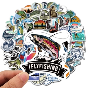 Detailed view of waterproof fishing-themed vinyl stickers for laptops and water bottles