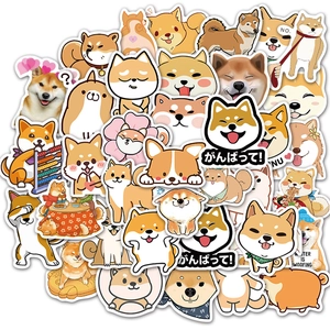 Detail of cute Shiba Inu stickers with white die-cut edges for laptop and luggage decor