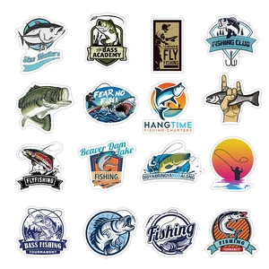 Detail set of 16 waterproof fishing stickers featuring bass, tuna and vintage fishing club icons