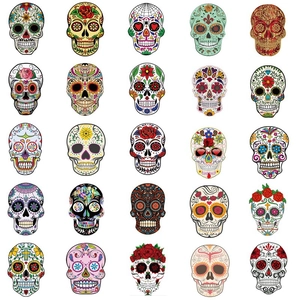 Pack of 50 holographic sugar skull stickers with vibrant Mexican Day of the Dead art designs