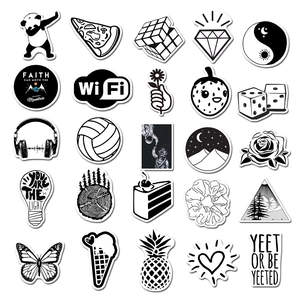 Detail showing 25 black and white minimalist doodle stickers with waterproof PVC texture