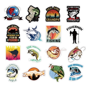 Collection of 50 waterproof fishing graffiti stickers for luggage skateboards and water cups