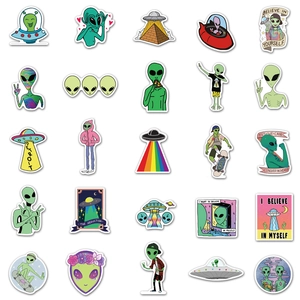 Detailed grid of alien stickers featuring UFOs and neon astronauts for laptops