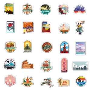 50pcs retro travel stickers featuring world landmarks for suitcases and laptops