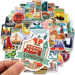 50pcs waterproof travel landmark stickers for luggage with world city illustrations