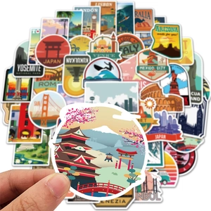 Detailed view of waterproof travel stickers featuring famous landmarks like Japan and London