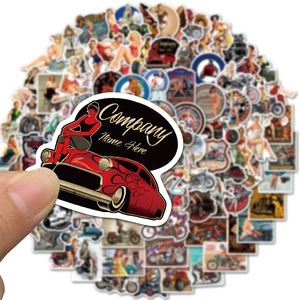 Close-up of vintage pin-up girl stickers for motorcycles and laptops with waterproof finish