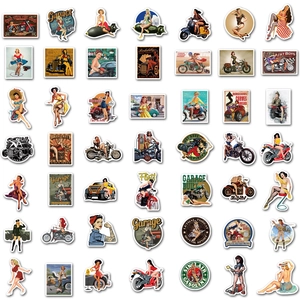Set of 100 vintage pin-up girl stickers with retro motorcycle and garage garage themes