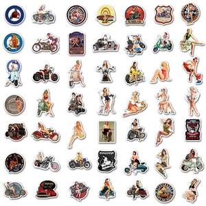 Detailed spread of vintage pin-up girl motorcycle stickers for laptops and skateboards