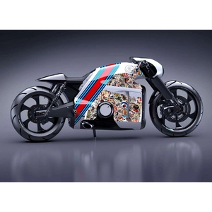 Retro motorcycle pin-up girl stickers with Martini racing stripes on a sleek vehicle