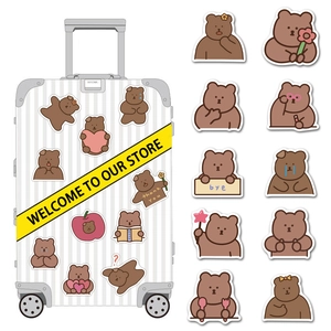 Close-up of cute brown bear stickers showing various poses on a white suitcase