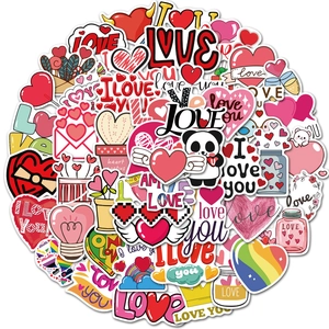 Autocollants de la Saint Valentin 50Pcs Étanche PVC Cœur Amour Dessin Animé Graffiti Décalcomanies pour Bagages Ordinateur Décoration Chambre Bricolage