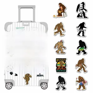 Waterproof Bigfoot stickers on silver luggage and diverse cartoon sasquatch decal designs