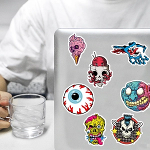 Waterproof horror skull doodle stickers shown on a laptop for DIY laptop decoration