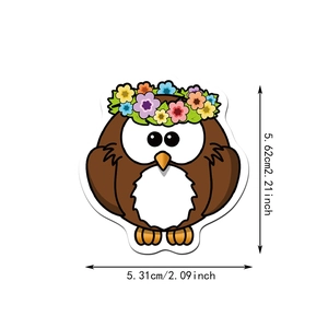 Detail view of cute cartoon owl sticker with flower crown and dimensions 5.62cm x 5.31cm