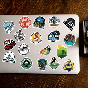 Assorted mountain bike stickers for laptops and outdoor gear with vintage cycling logos