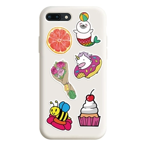 Detail showing waterproof cartoon stickers including unicorn and floral patterns on phone case