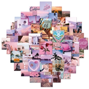 62Pcs Pink California Scenery Aesthetic Stickers Waterproof PVC Vintage Travel Decals For Laptop Phone Case Journal Decor