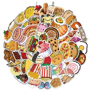 50 pieces of cute waterproof food stickers for luggage and laptops with burger and pizza designs