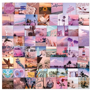 Set of 64 California pink aesthetic wall collage cards with beach and retro sunset themes