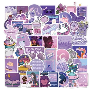 Close-up of 50 purple aesthetic waterproof stickers for laptop, phone and luggage cases