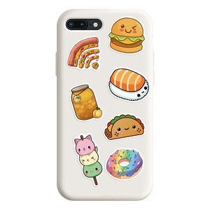 White phone case featuring kawaii cartoon food illustrations including burgers and donuts