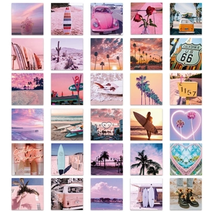 Set of 30 California dream pink aesthetics stickers featuring beach sunsets and retro vans