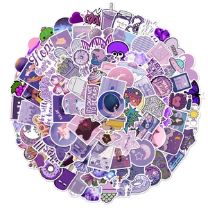 Set of 100 purple themed waterproof aesthetic stickers for laptops and luggage bags