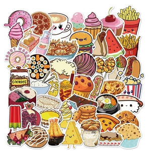 Macro shot of 50 pieces of waterproof food stickers for luggage and laptop decoration