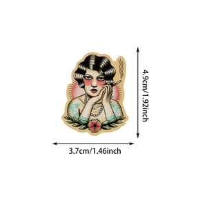 Detailed view of retro sailor girl sticker showing dimensions 4.9cm by 3.7cm