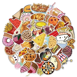 Close-up of vibrant cartoon food stickers featuring pizza, sushi, and donuts on white