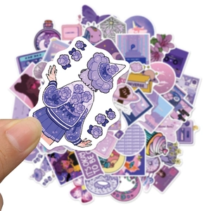 50 pieces of purple aesthetic stickers featuring anime girls, flowers and retro motifs
